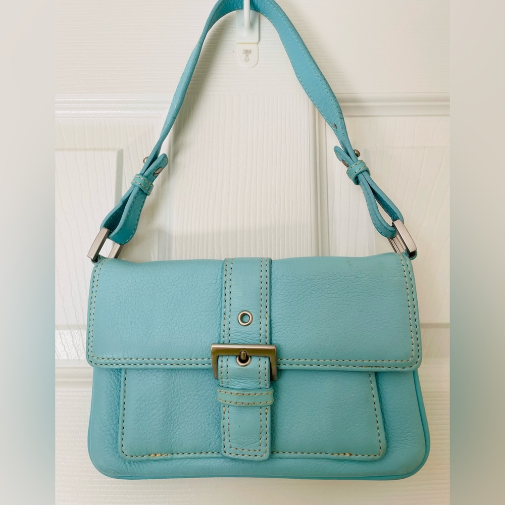 EUC Talbots Genuine Leather Mini Shoulder Bag Light Blue East-West Compact Purse